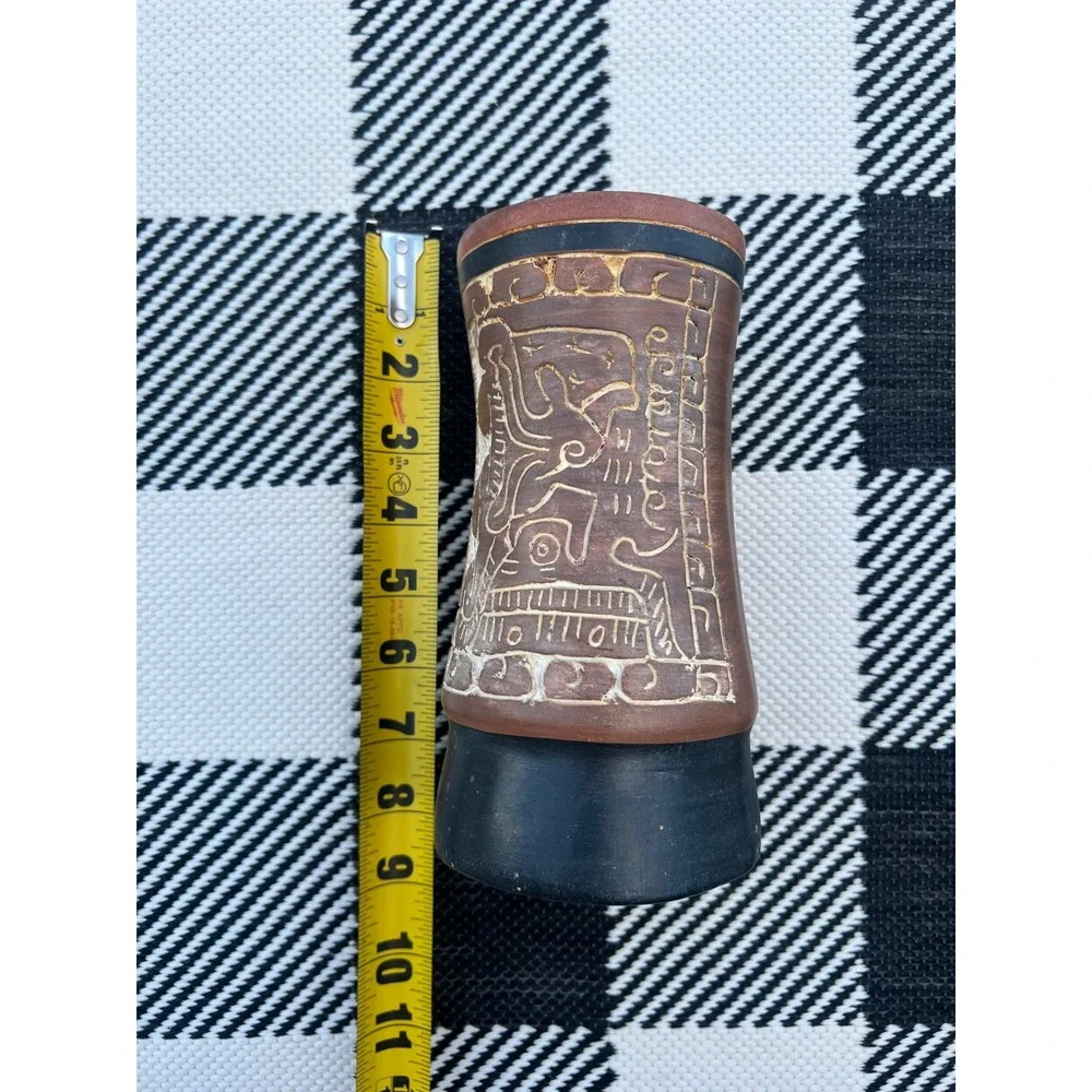 Armando de Mexico Hand Carved Pottery Vase Mayan Aztec Glyphs Folk Art 8 Inch